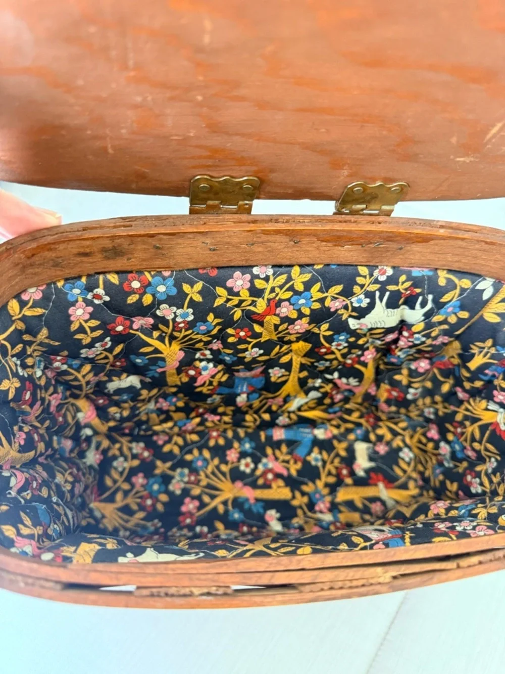 Vintage strawberry folk art hand painted woven wood picnic basket purse signed